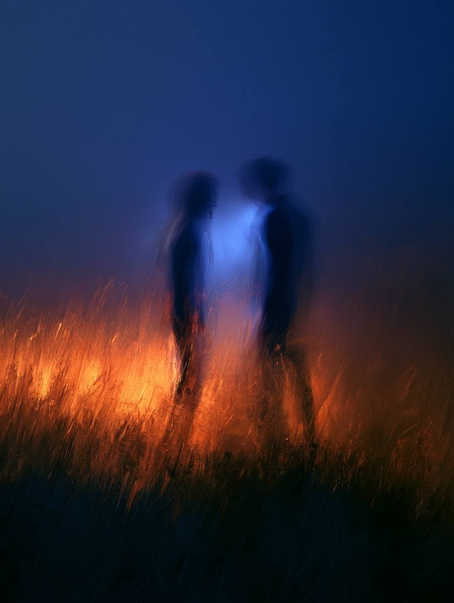 Impressionist oil painting of two figures facing each other at night, a soft glow passing between them